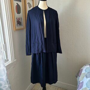 Soo Yung Lee 100% Silk Matching Matching Jacket and Skirt Set Navy Blue Size 14